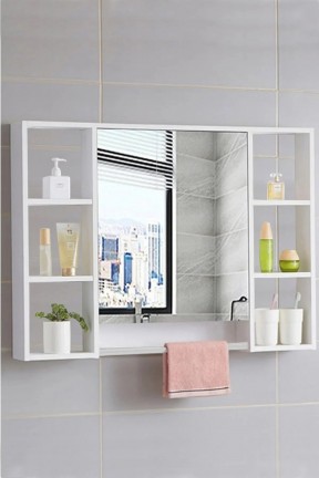 AZZURİ FURNİTURE Aynalı Havlu Askılıklı 8 Bölmeli Açık Raflı 1 Kapaklı Asma Banyo Dolabı 70x70cm BEYAZ AZZURİ FURNİTURE Aynalı Havlu Askılıklı 8 Bölmeli Açık Raflı 1 Kapaklı Asma Banyo Dolabı 70x70cm BEYAZ